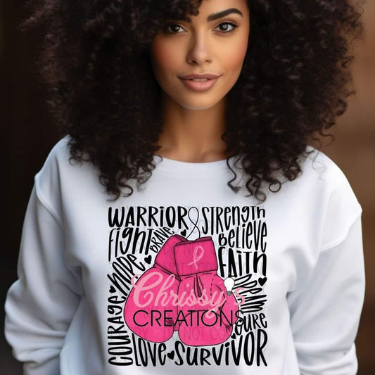 Breast Cancer Gloves Word Cloud- Crewneck