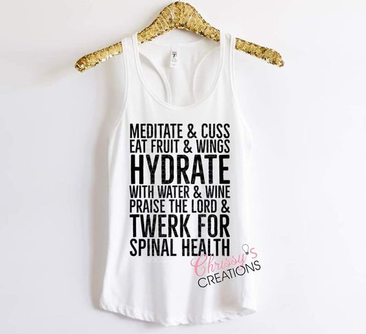 Meditate & Cuss Eat Fruit & Wings Hydrate With Water & Wine - Tank Top